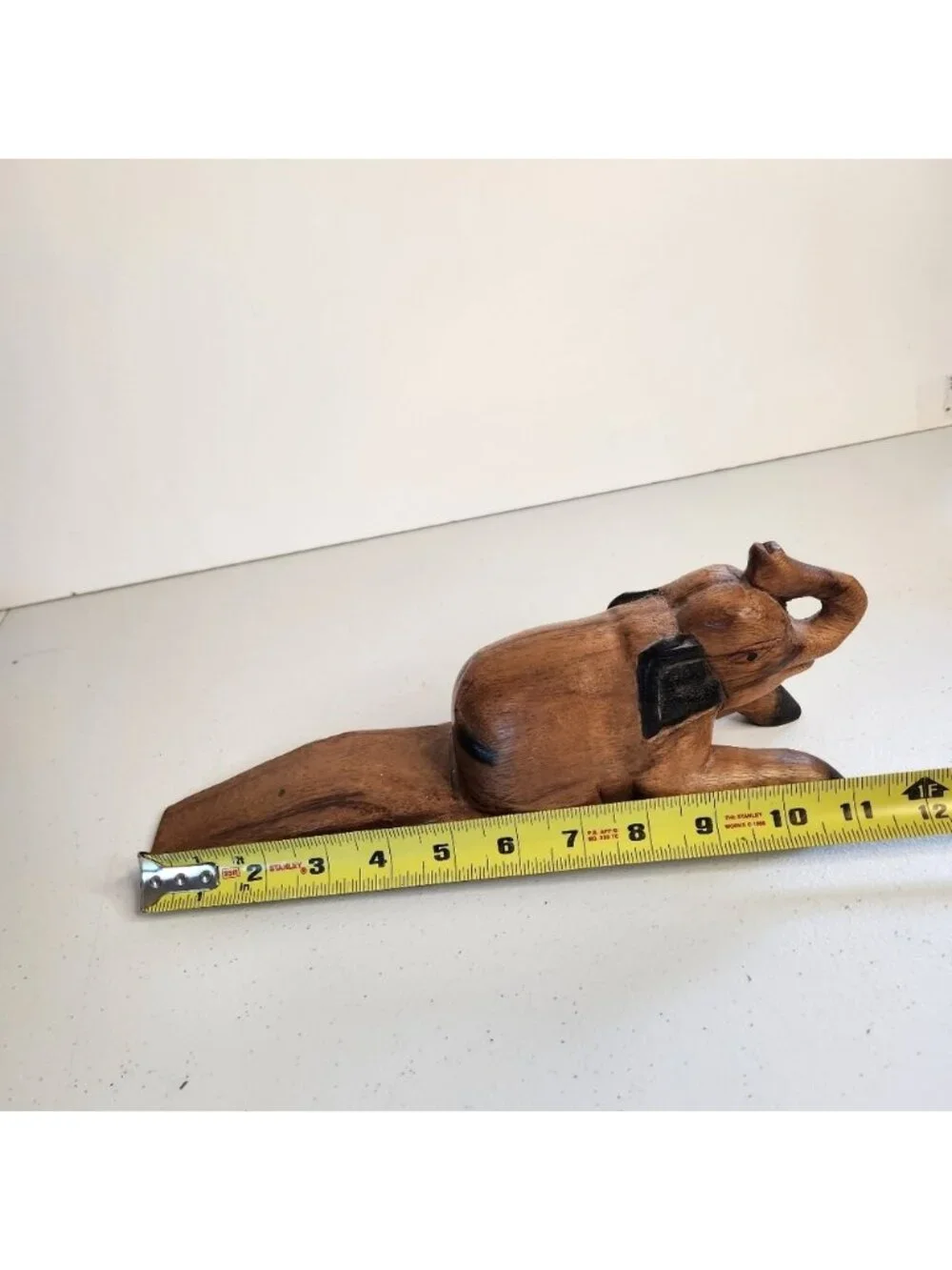 Vintage Wood Elephant Hand Carved Door Wedge Stopper Raised Trunk Up Boho 1970s
